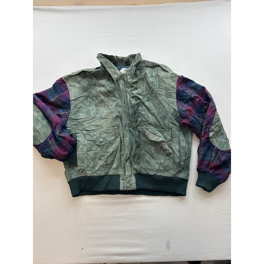 Paris Sport Club Mens Vintage Suede Bomber Jacket Plaid Sleeves Green Large